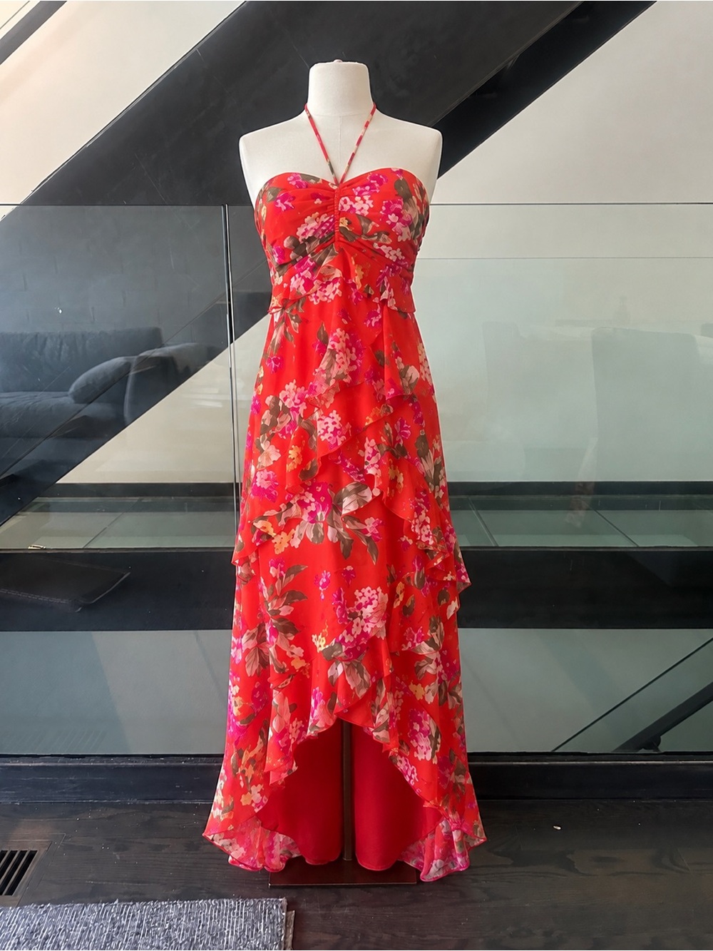 Wayf Red Floral Halter High-Low Maxi Dress